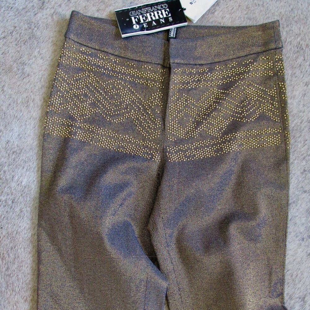 NWT- FERRE Jean trouser- metallic gold fabric w/ gold studs- clean front- lined